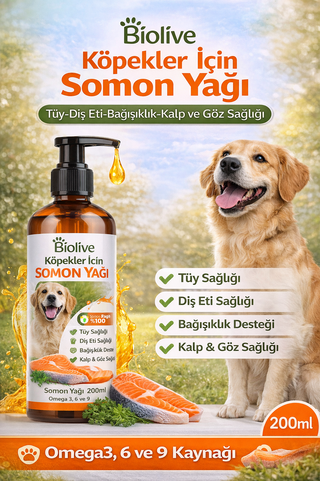 Köpekler İçin Somon Yağı Tüy-Dış Eti-Bağışıklık-Kalp ve Göz Sağlı 200ml