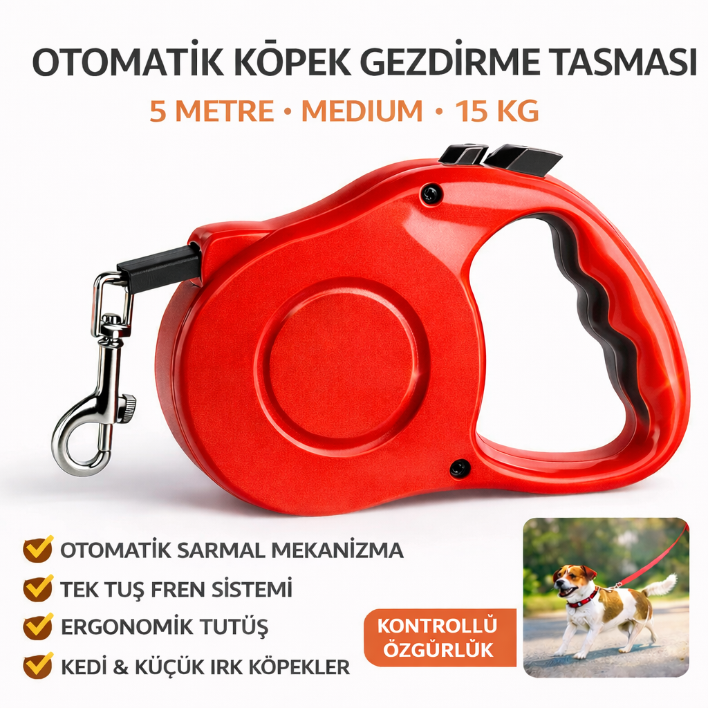 Otomatik Köpek Gezdirme Tasması Medium 5 Metre 15 kg Kırmızı