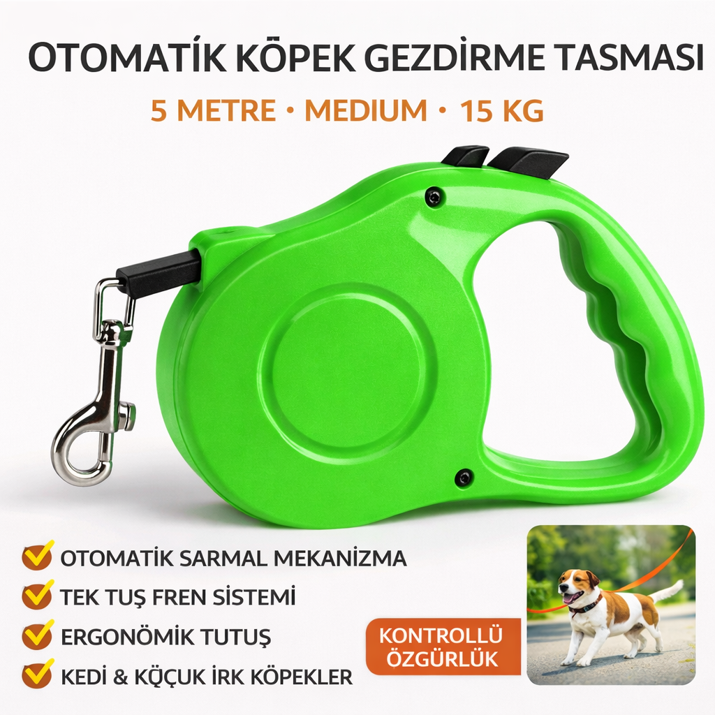 Otomatik Köpek Gezdirme Tasması Medium 5 Metre 15 kg Yeşil