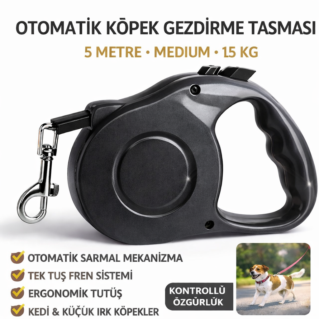 Otomatik Köpek Gezdirme Tasması Medium 5 Metre 15 kg Siyah