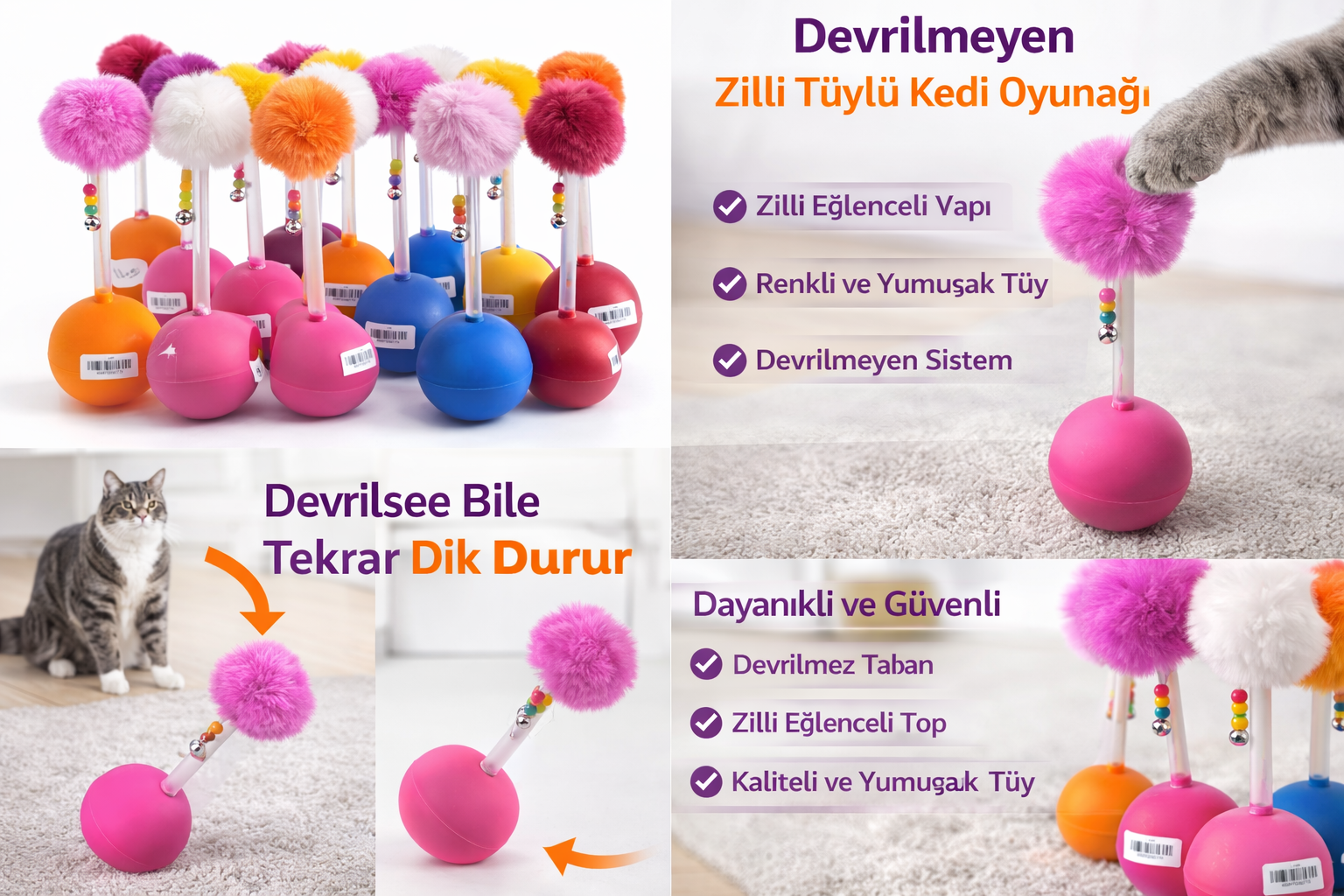Dev Hacıyatmaz Devrilmeyen Kedi Oyuncağı XXL 33 CM Tüylü Zilli Oyuncak 1 Adet