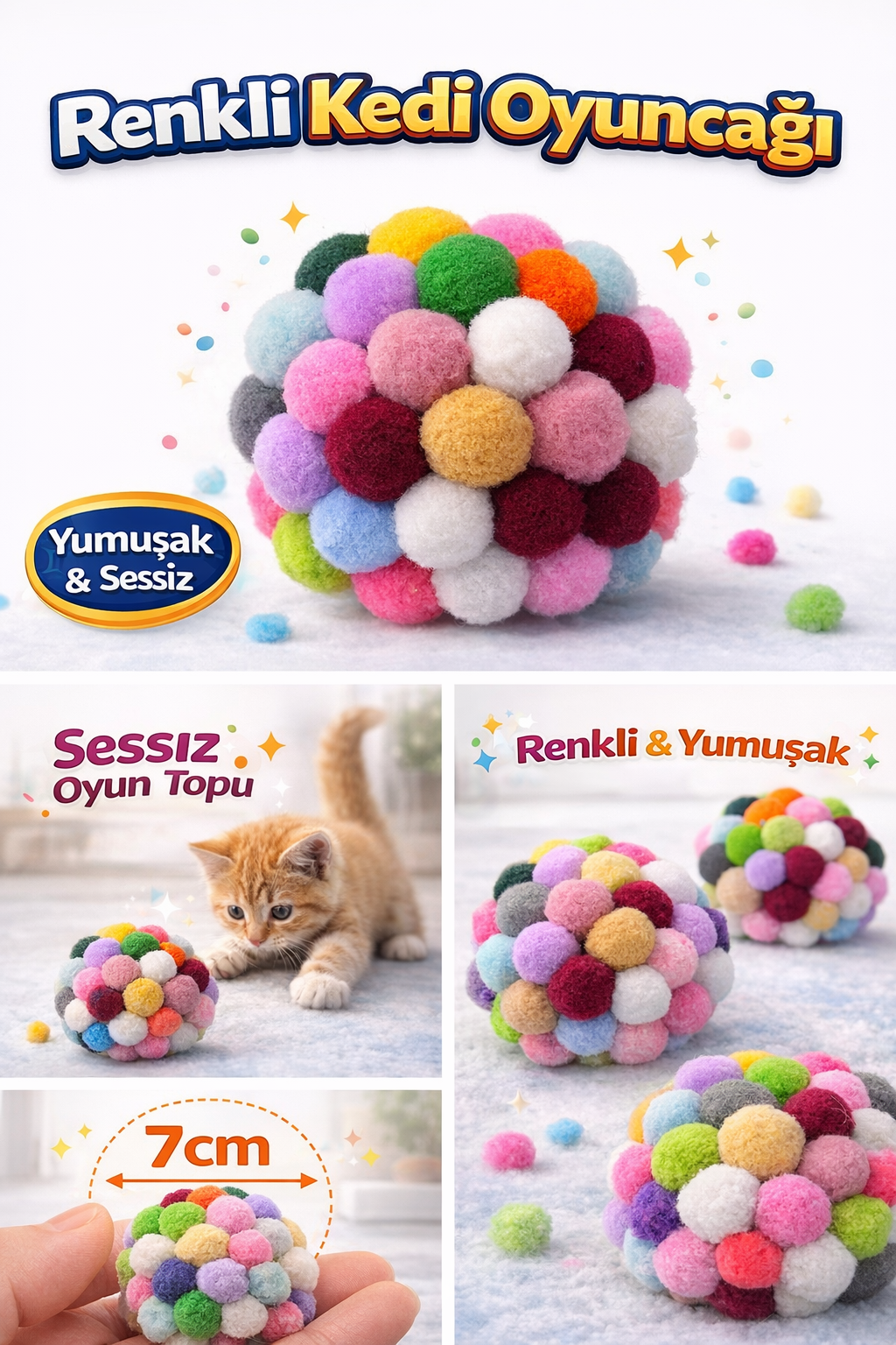 Renkli Ponpon Kedi Oyuncak Topu 7 cm – Yumuşak Sessiz Kedi Oyun Topu