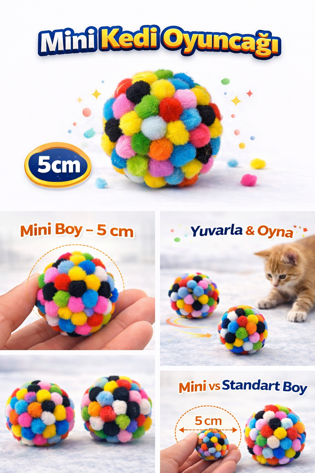 Mini Ponpon Kedi Oyuncak Topu 5 cm – Yumuşak Renkli Sessiz Kedi Oyun Topu