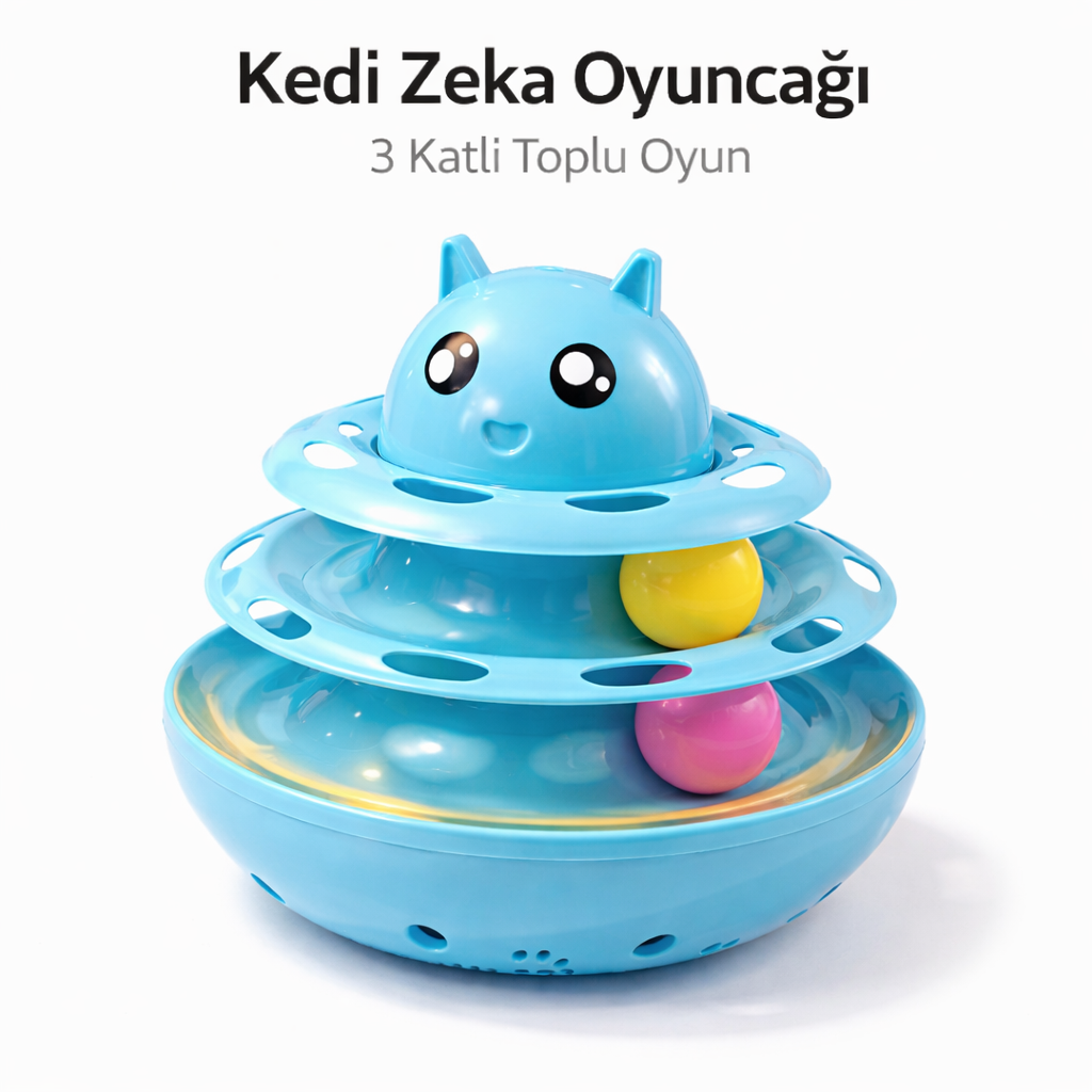 Hacıyatmaz Kedi Oyuncağı 3 Katlı Toplu Zeka Oyuncağı 20×21 cm – Devrilmez Interaktif Mama Oyuncağı