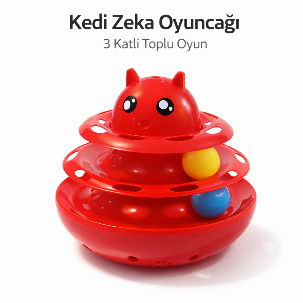 Hacıyatmaz Kedi Oyuncağı 3 Katlı Toplu Zeka Oyuncağı 20×21 cm – Devrilmez Interaktif Mama Oyuncağı