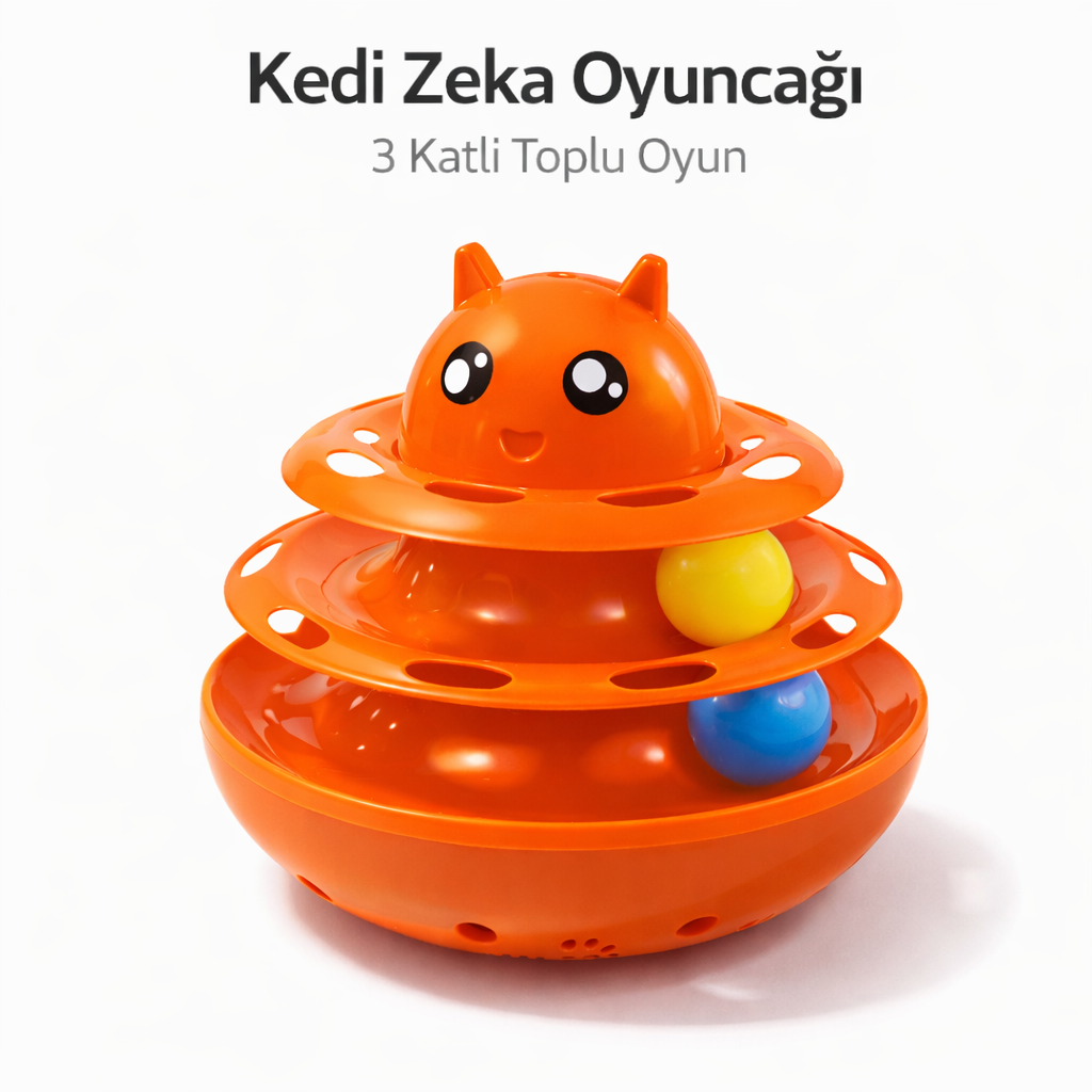 Hacıyatmaz Kedi Oyuncağı 3 Katlı Toplu Zeka Oyuncağı 20×21 cm – Devrilmez Interaktif Mama Oyuncağı