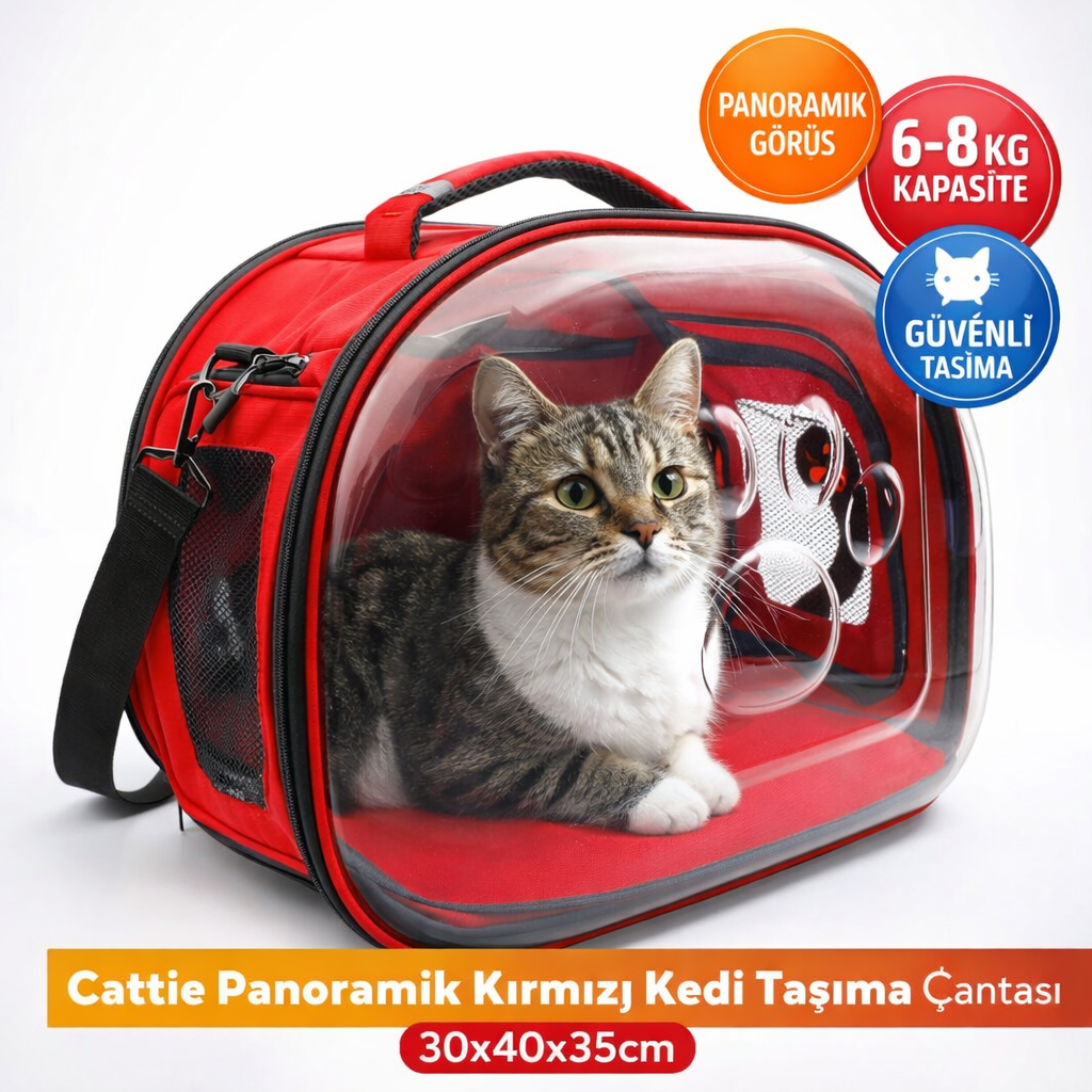 Cattie Panoramik Kedi Taşıma Çantası 30x40x35cm – Kırmızı