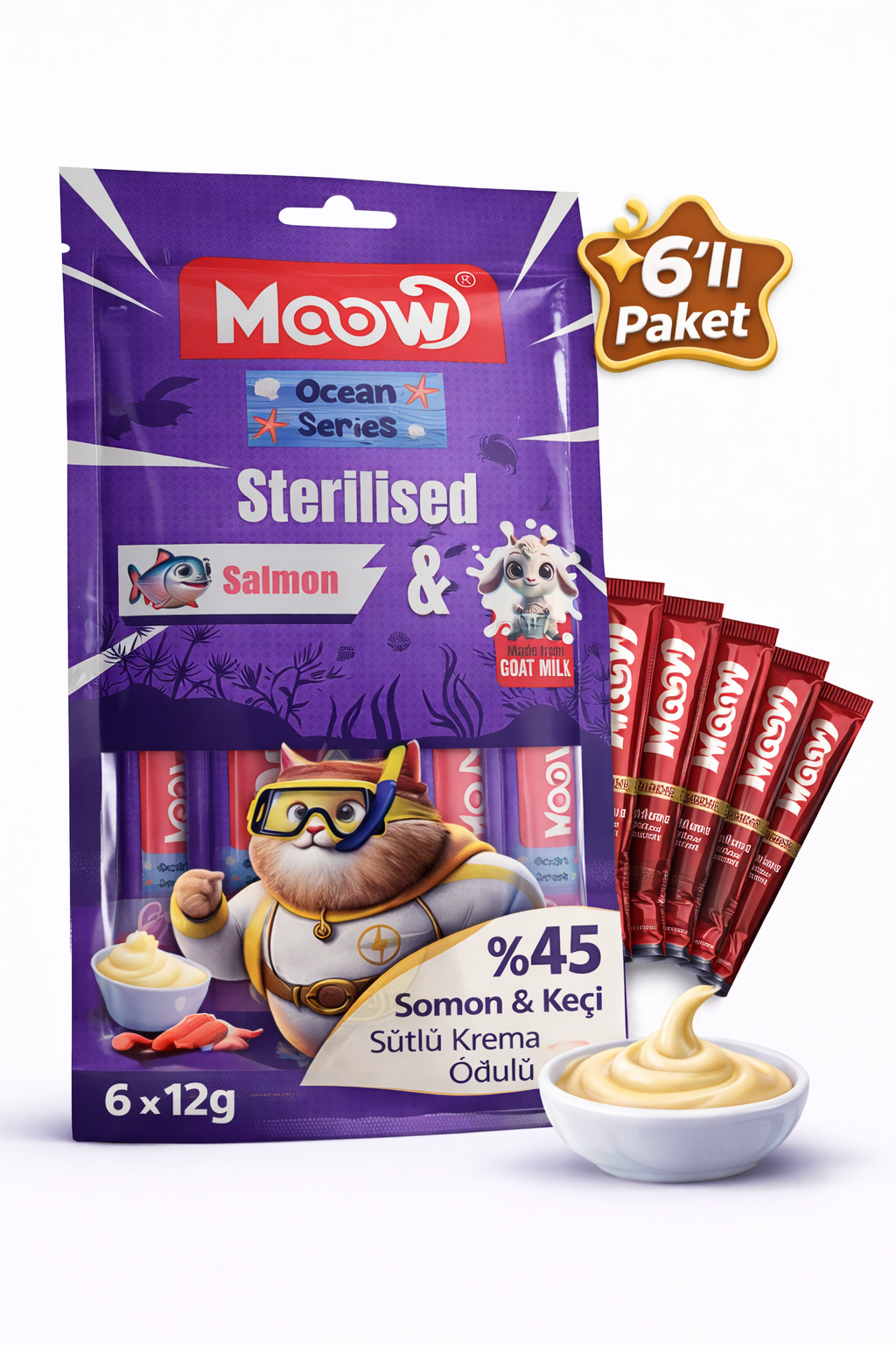 Creamy Somonlu ve Keçi Sütlü Kısırlaştırılmış Sıvı Krema Kedi Ödülü 6×12 gr