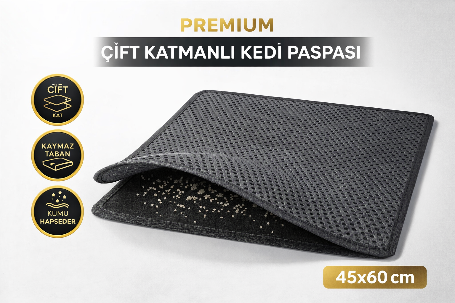 Kedi Elekli Tuvalet Önü Kum Tutucu Paspas 45 cm – 60 cm Gri