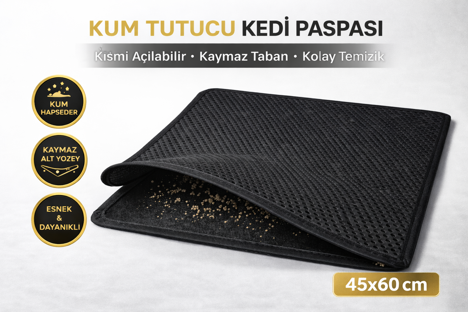 Kedi Elekli Tuvalet Önü Kum Tutucu Paspas 45 cm – 60 cm Siyah