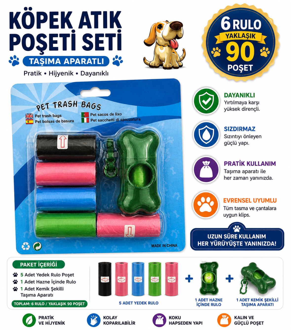 Köpek Dışkı Poşeti 6 rulo + Taşıma Aparatı Hediyeli ( 90 poşet – 6 rulo )