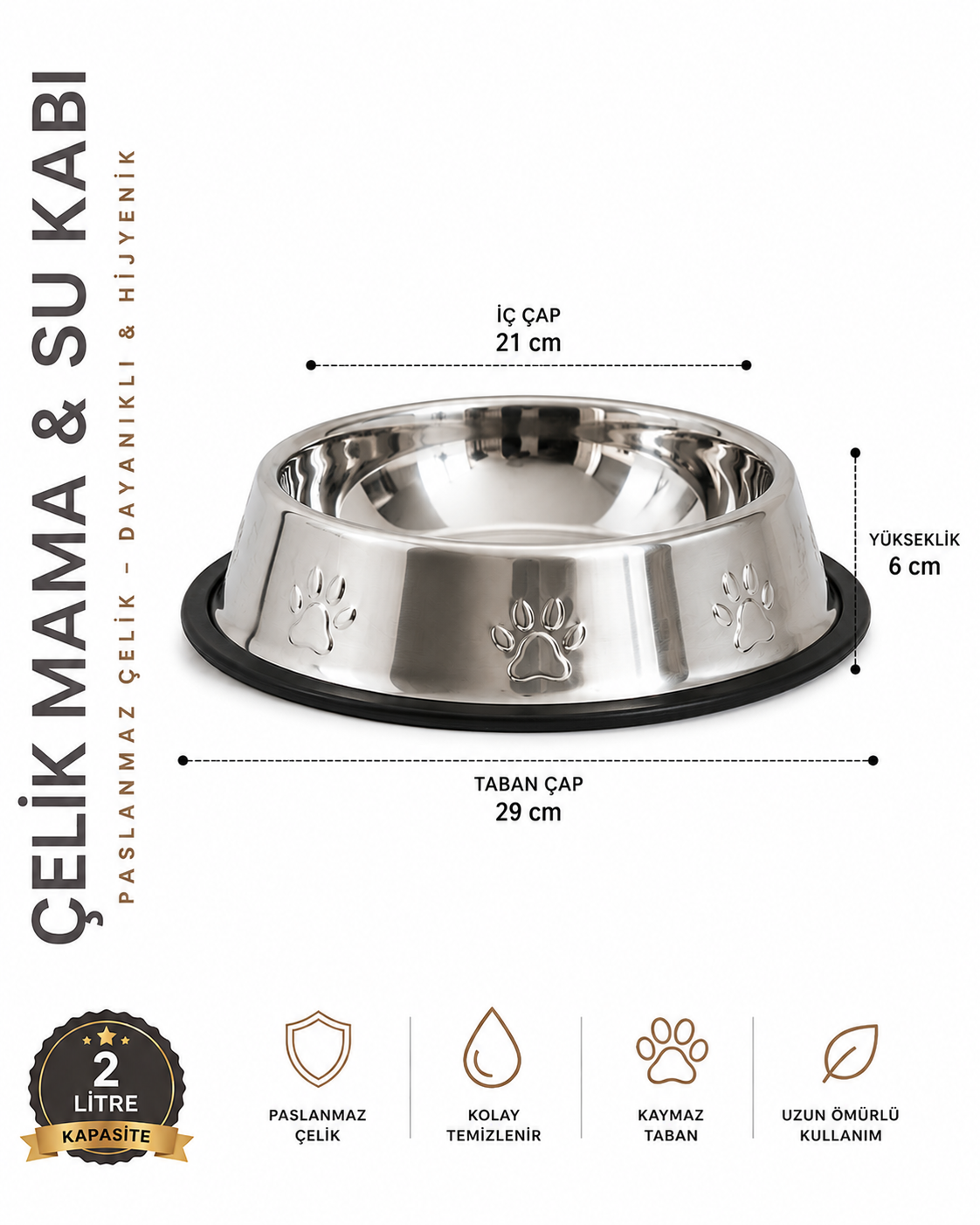 Köpekler İçin Pati Desenli Çelik Mama Su Kabı 30 Cm – 64 Oz – 2 LT
