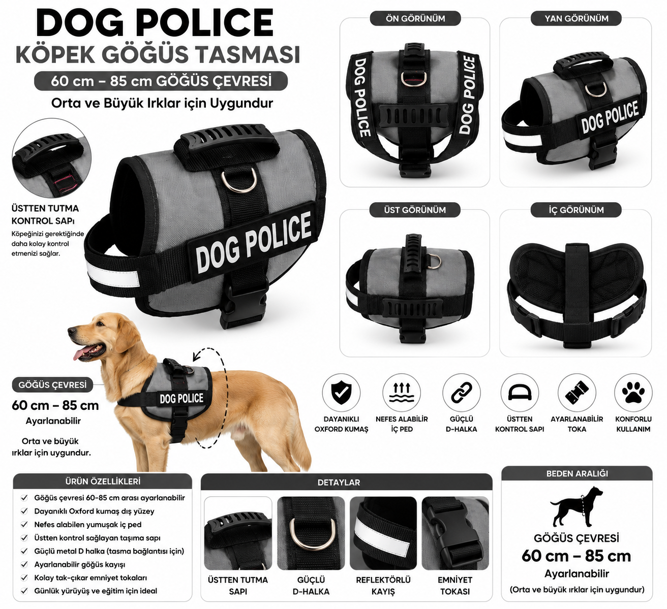 Dog Police Ayarlanabilir Köpek Göğüs Tasması Gri – Siyah (60-85 cm)