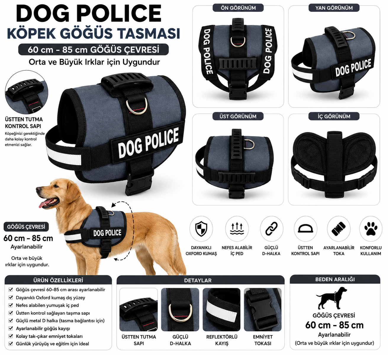 Dog Police Ayarlanabilir Köpek Göğüs Tasması Füme Gri – Siyah (60-85 cm)