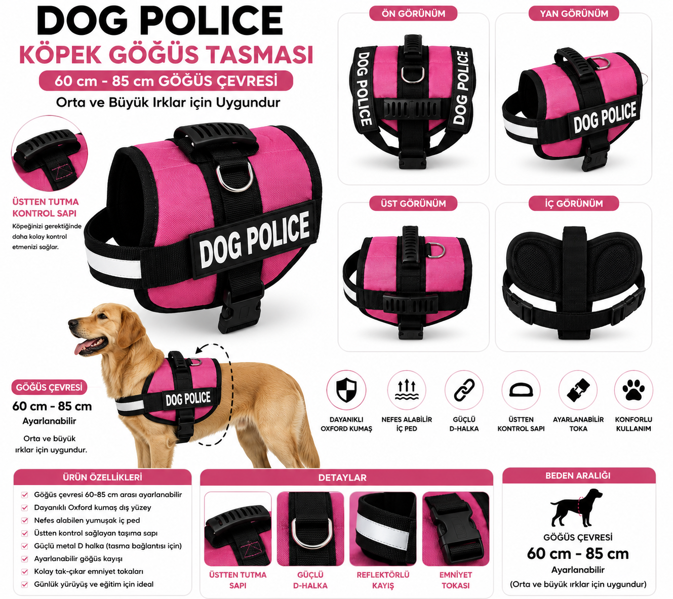 Dog Police Ayarlanabilir Köpek Göğüs Tasması Pembe – Siyah (60-85 cm)