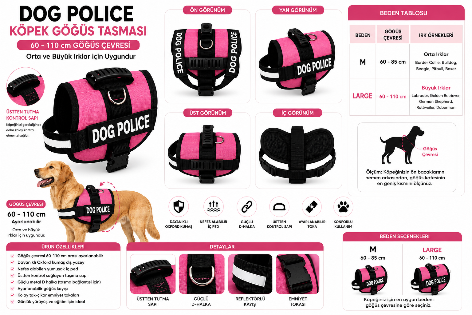 Dog Police Ayarlanabilir Köpek Göğüs Tasması Pembe – Siyah (60-110 cm)