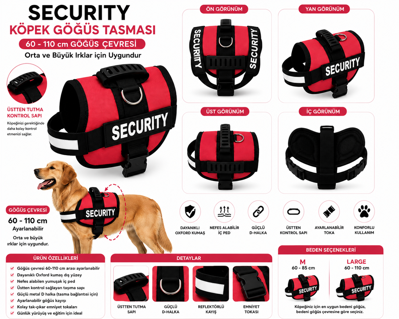 Dog Police Ayarlanabilir Köpek Göğüs Tasması Kırmızı – Siyah (60-110 cm)