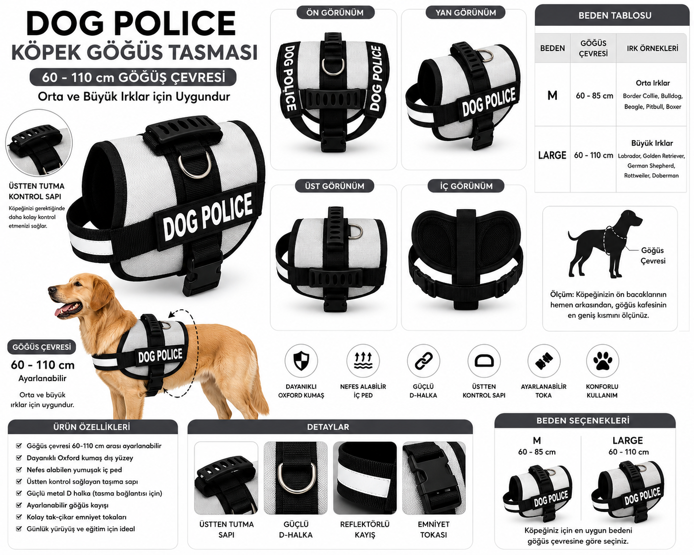 Dog Police Ayarlanabilir Köpek Göğüs Tasması Bej – Siyah (60-110 cm)